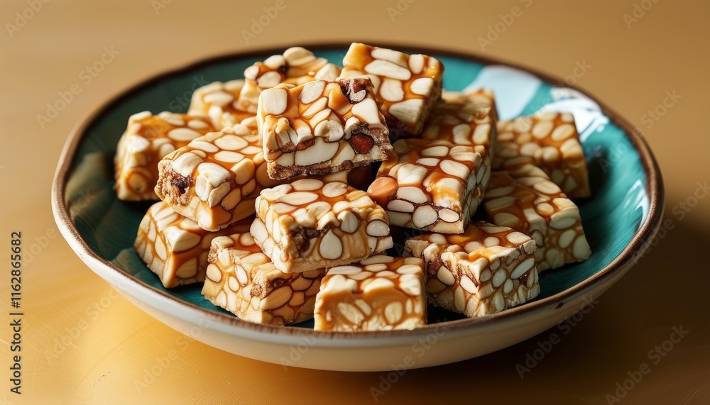 Turron de Mani Delicacy on a Decorative Bowl with a Golden Background Turron de Mani Delicacy on a Decorative Bowl with a Golden Background