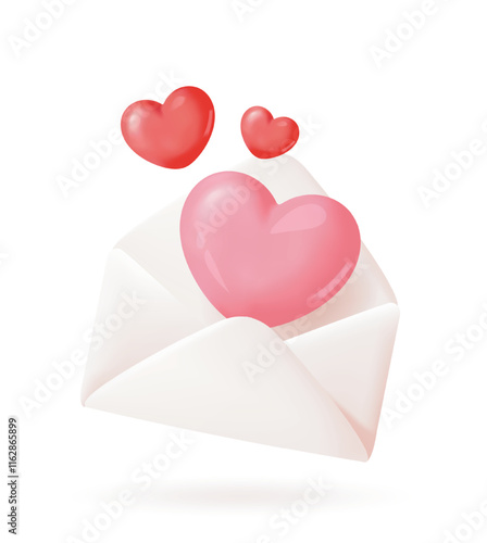 Soft 3D vector illustration of a beige envelope with glossy red hearts floating out, isolated on a light background, perfect for love, romance, and Valentine s Day themes.