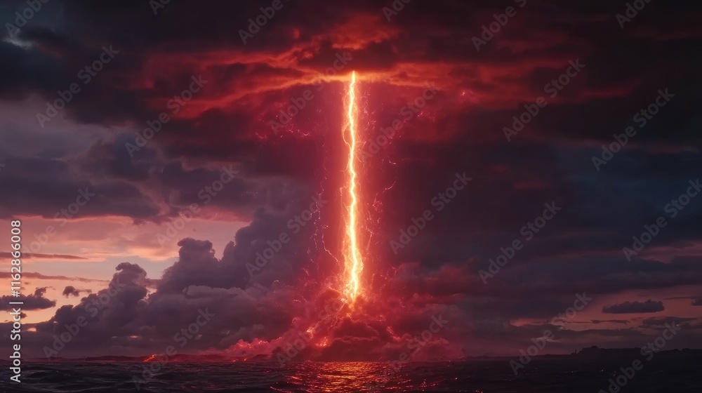 Fototapeta premium A dramatic scene depicting a volcanic eruption with lightning striking through dark clouds.