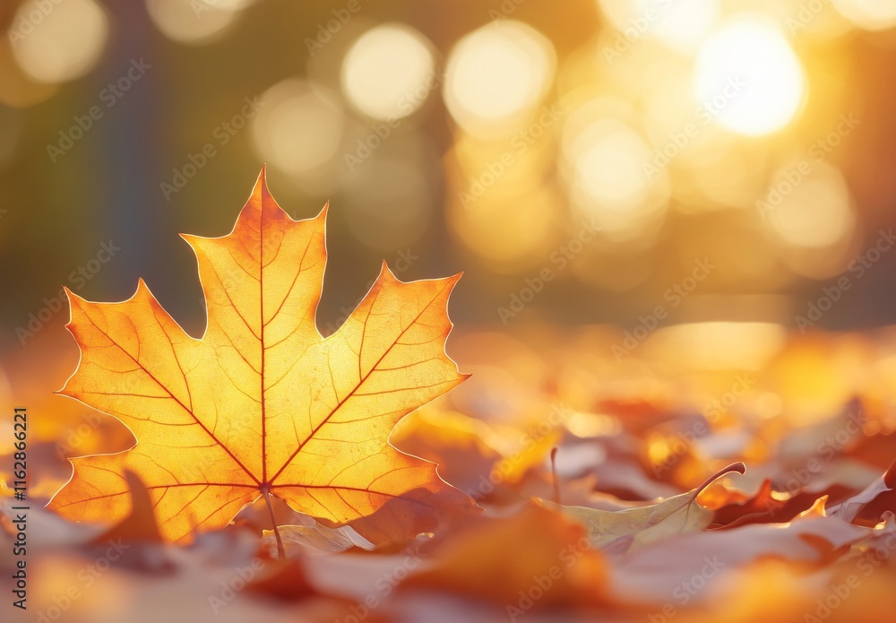 Golden Autumn Maple Leaf on Ground, Backlit Sunlight, Fall Season Golden Autumn Maple Leaf on Ground, Backlit Sunlight, Fall Season