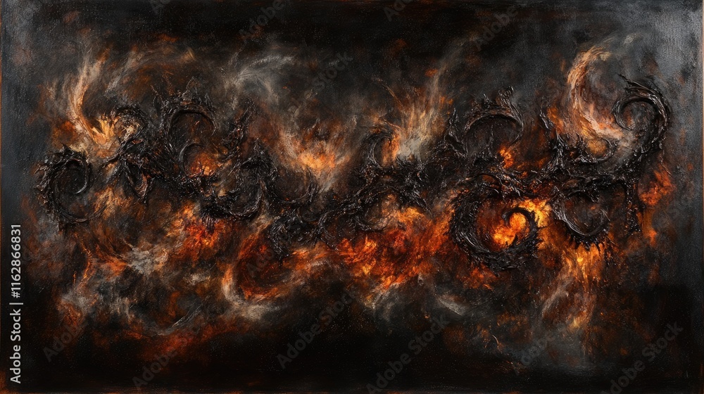 Abstract artwork featuring swirling dark forms and fiery colors, evoking chaos and intensity. Abstract artwork featuring swirling dark forms and fiery colors, evoking chaos and intensity.