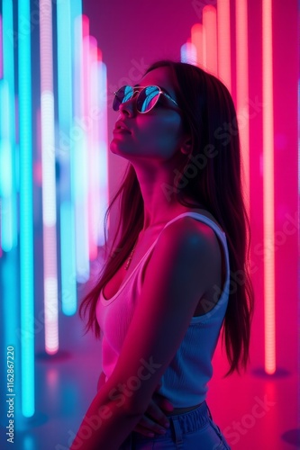 A woman with long brown hair and sunglasses poses in front of a neon light background