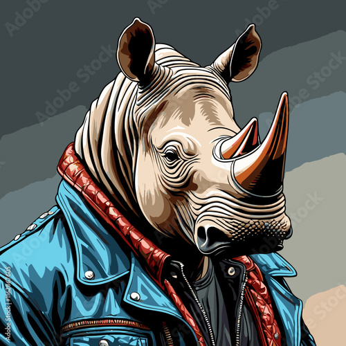 rhino head wearing leather jacket vector art