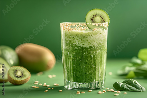 A vibrant green detox drink in a tall glass, packed with fresh cucumber, kiwi, and mint, perfect for a healthy lifestyle and refreshing hydration photo