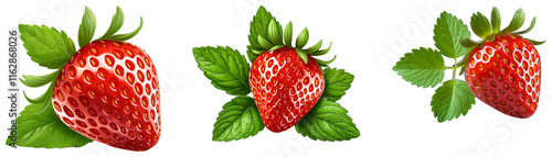 set of red strawberry with green leaves on a transparent background
