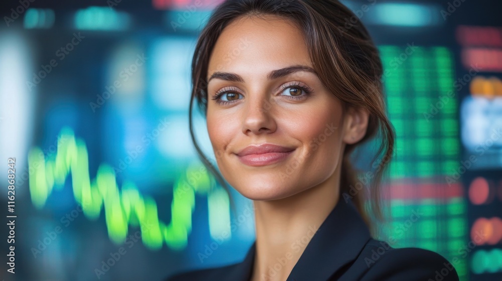 Obraz premium Confident Businesswoman, Stock Market, Financial Success, Trading, Investment, Portrait, Data, Analy