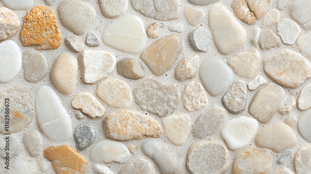 Close-up of smooth, multicolored pebbles embedded in light beige cement. Close-up of smooth, multicolored pebbles embedded in light beige cement.