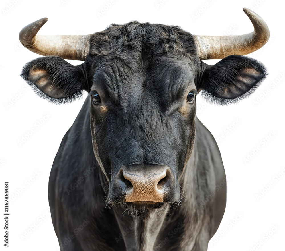 Isolated Black Bull Head Portrait Against White Background Strong Aggressive Domestic Mammal in Agriculture Isolated Black Bull Head Portrait Against White Background Strong Aggressive Domestic Mammal in Agriculture
