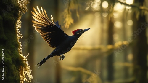 Pileated woodpecker in flight, forest sunlight. photo