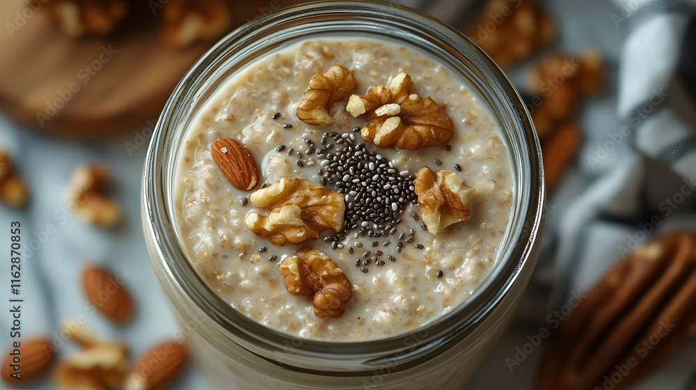 A delightful jar of creamy chia pudding, garnished with crunchy nuts and seeds, showcasing a nutritious and visually appealing healthy dessert A delightful jar of creamy chia pudding, garnished with crunchy nuts and seeds, showcasing a nutritious and visually appealing healthy dessert