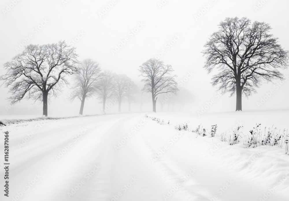 Snowy Road Winter Landscape: Foggy Trees and Serene Path Snowy Road Winter Landscape: Foggy Trees and Serene Path