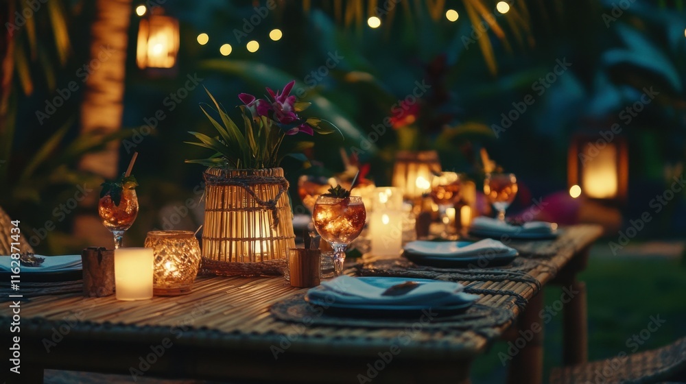 Romantic Outdoor Dinner Bamboo Table, Candles, Cocktails, Tropical Flowers Romantic Outdoor Dinner Bamboo Table, Candles, Cocktails, Tropical Flowers