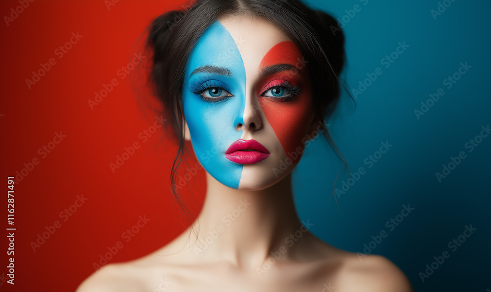 A beautiful woman with colorful makeup, split-face makeup in colors, vibrant background, studio photography, high resolution.
A beautiful woman with colorful makeup, split-face makeup in colors, vibrant background, studio photography, high resolution.