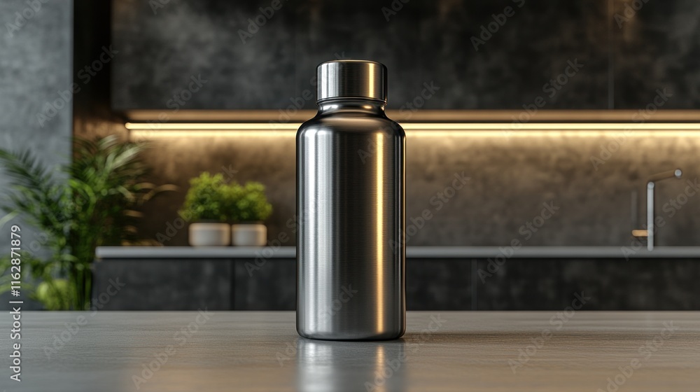 Stainless steel water bottle on kitchen counter. Stainless steel water bottle on kitchen counter.