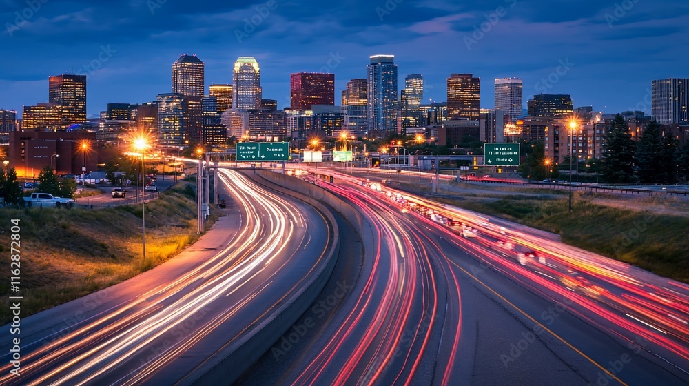 Cityscape at twilight with highway traffic light trails. Cityscape at twilight with highway traffic light trails.