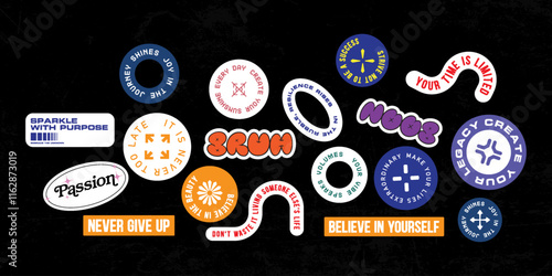 Sticker set  vector template decorated with cartoon image and aesthetic quotes graphic design	