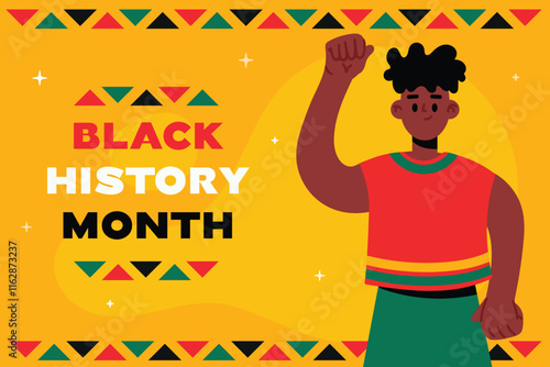 Black history month banner with african american man and ornament on yellow background. Vector flat illustration design graphic. Template for background, banner, card, poster