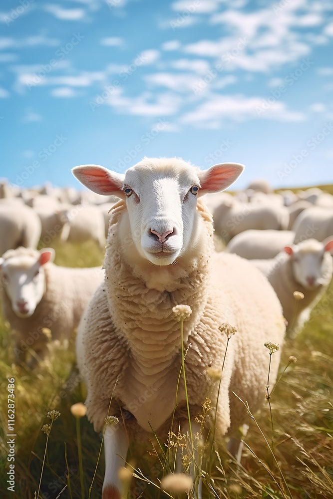 Fototapeta premium there are many sheep standing in a field of tall grass
