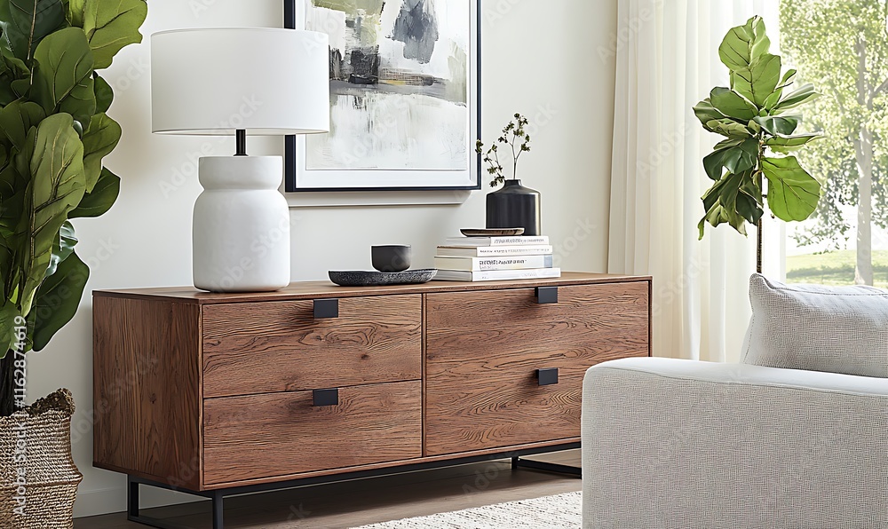 there is a white couch and a wooden dresser in a living room there is a white couch and a wooden dresser in a living room
