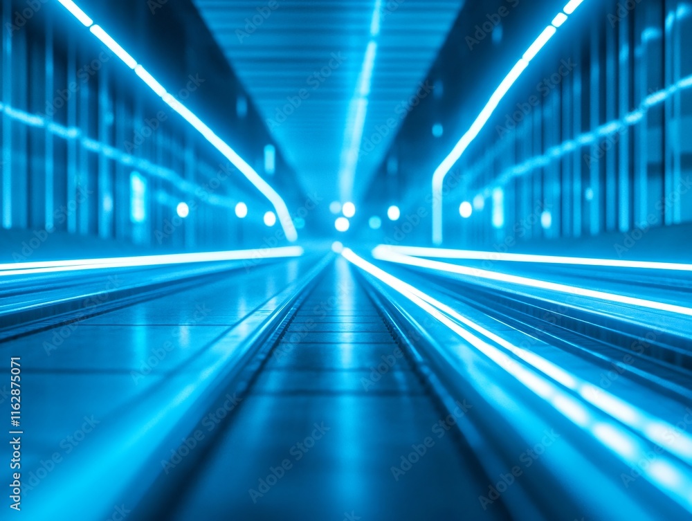 Futuristic Blue Neon Moving Walkway Tunnel