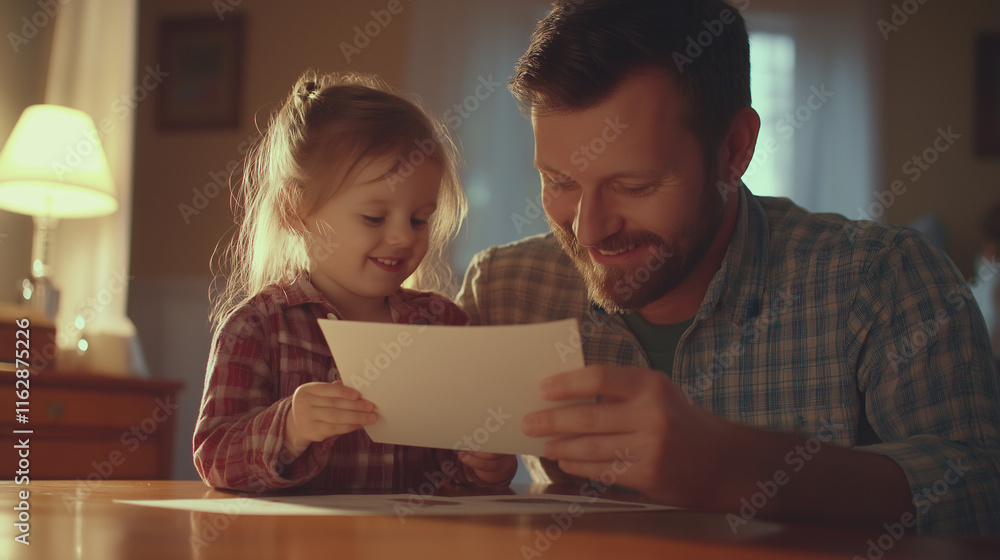 Father and daughter reading together in a warm, cozy room Father and daughter reading together in a warm, cozy room