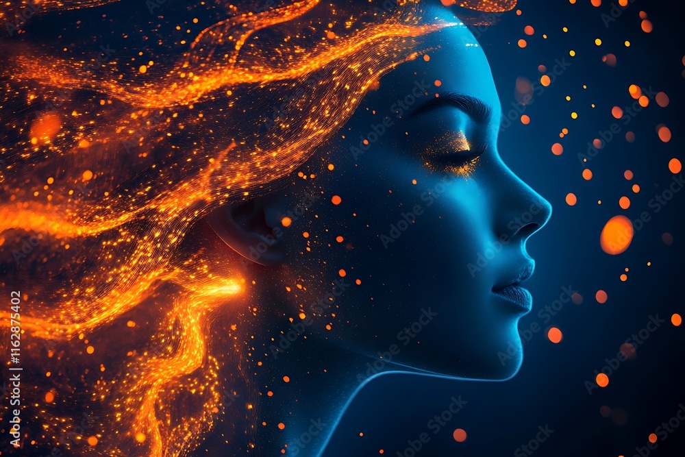 a close up of a woman with glowing hair and glowing eyes a close up of a woman with glowing hair and glowing eyes