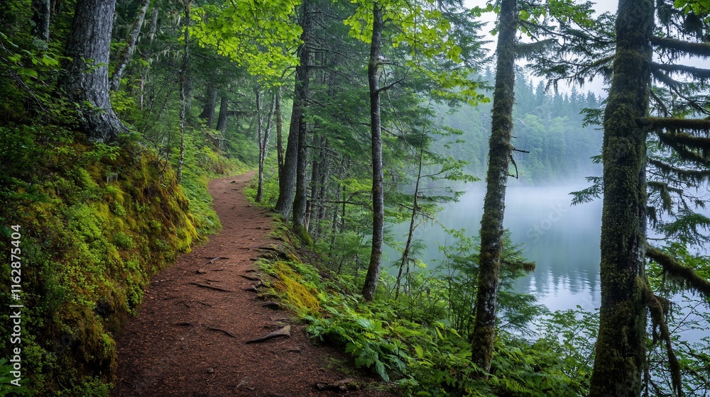 Fototapeta premium Misty forest trail beside tranquil lake.