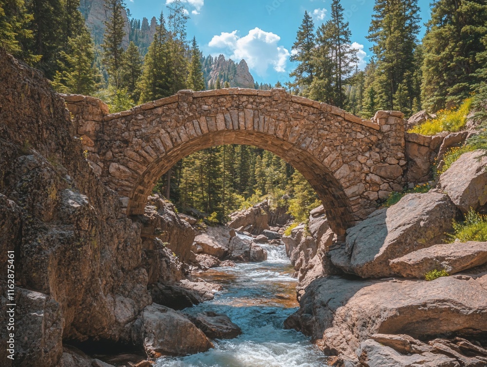 Stone arch bridge over a mountain stream. Stone arch bridge over a mountain stream.