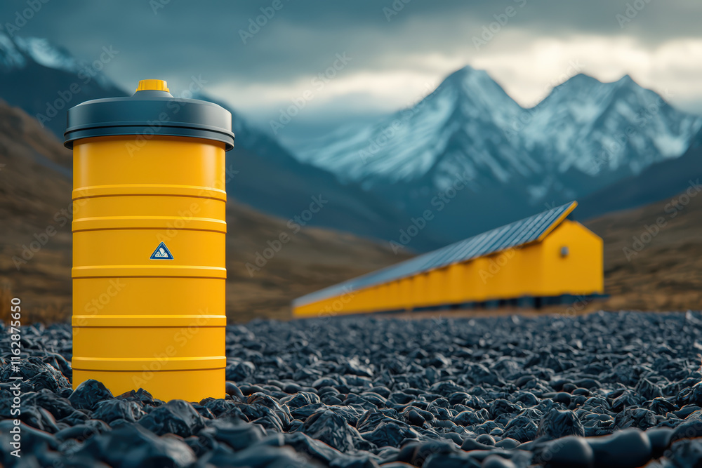 close up of yellow waste container in mountainous landscape, showcasing modern waste management solutions close up of yellow waste container in mountainous landscape, showcasing modern waste management solutions
