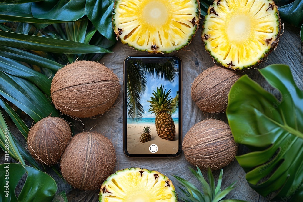 Smartphone displaying tropical beach scene surrounded by pineapples and coconuts.