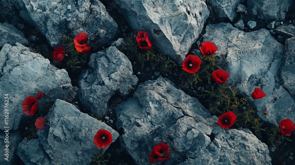Red poppies blooming between grey stones. Red poppies blooming between grey stones.