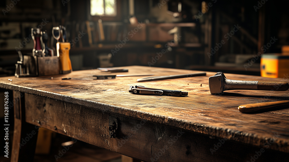 Rustic woodworking table with tools in workshop Rustic woodworking table with tools in workshop