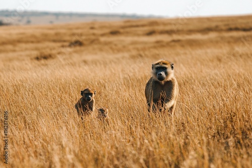 Adult and baby baboons in tall savanna grass.