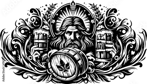 Vintage Brewery Master Portrait With Decorative Baroque Vector Ornamental Design