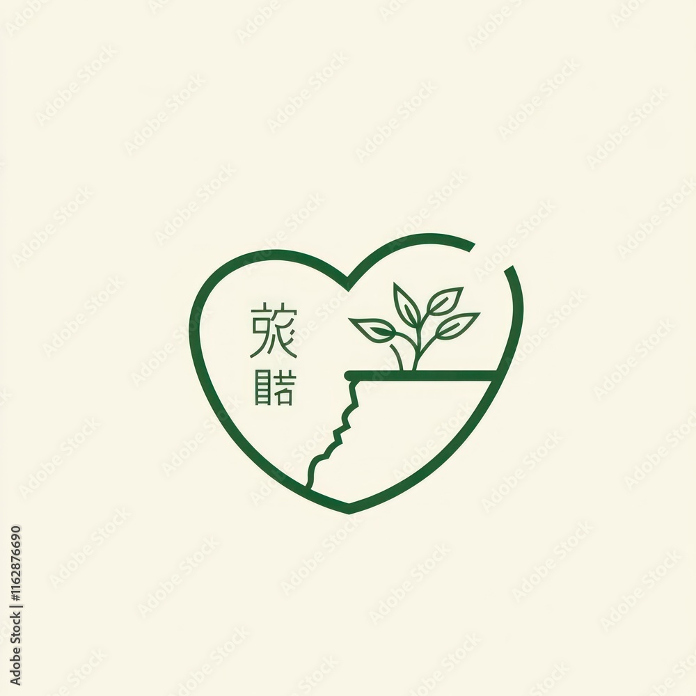 Heart Shaped Logo Featuring Plant Growth and Chinese Characters Heart Shaped Logo Featuring Plant Growth and Chinese Characters