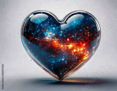 glass valentines heart with galaxies and stars, magical love in deep space photo