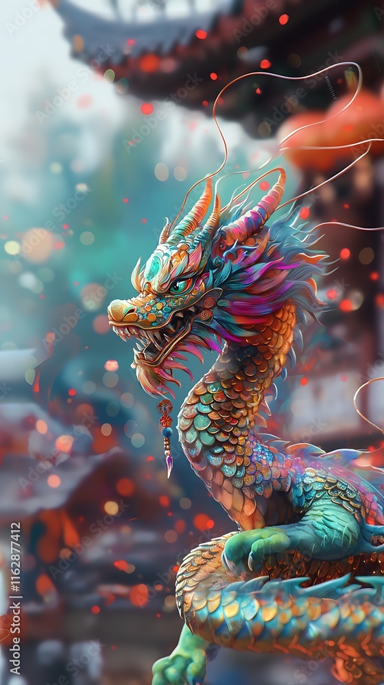 Obraz premium brightly colored dragon statue in front of a building with lights