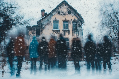 Mysterious Figures Near Abandoned House in Snowstorm photo