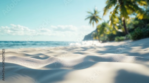 Wallpaper Mural Tropical beach scene featuring sandy shores with blurred palm trees and bokeh background, ideal for product display or summer vacation concepts Torontodigital.ca