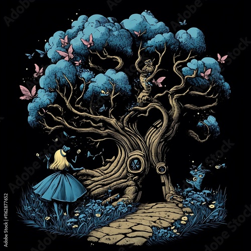 there is a woman standing in front of a tree with a clock on it