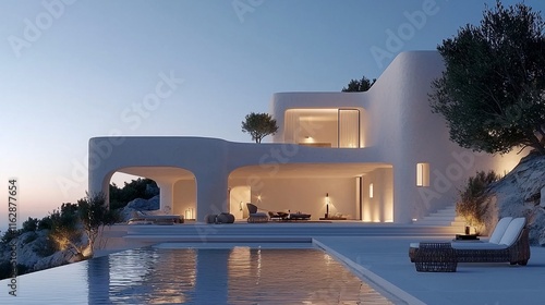 Modern white villa with infinity pool at sunset.