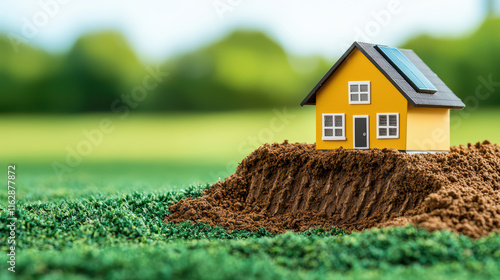 miniature yellow house on mound of soil, symbolizing sustainable living and eco friendly housing photo