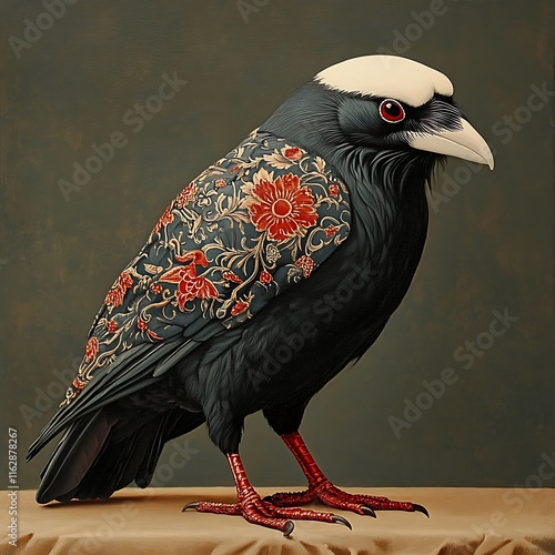 painting of a black bird with a white head and red feet photo