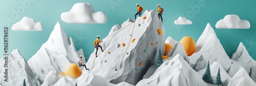 Team of climbers ascending a stylized mountain peak. photo