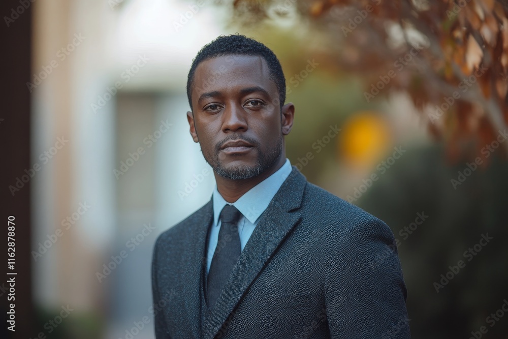 Naklejka premium Portrait of male african american professional, possibly business executive corporate CEO, finance, attorney, lawyer, sales, Generative AI