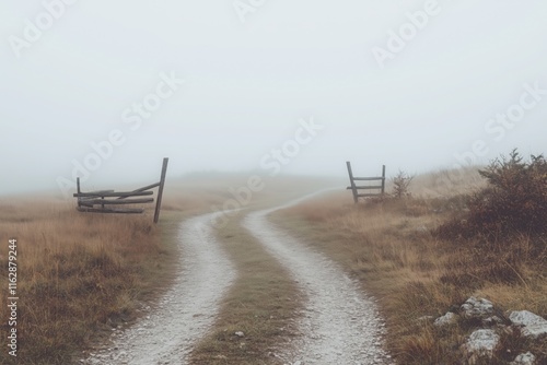 Foggy Path to the Unknown:  A winding dirt road disappears into a thick blanket of fog, with two weathered wooden gates marking the entrance. The atmosphere is mysterious and serene.
