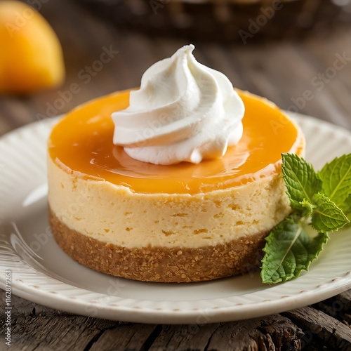 A creamy cheesecake topped with a dollop of whipped cream and a generous serving of peach preserves