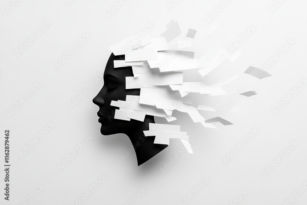 Fototapeta premium A human head made of black and white crumpled paper, torn and placed on a gray background with copy space, represents bipolar disorder. This image illustrates manic and depressive emotions,