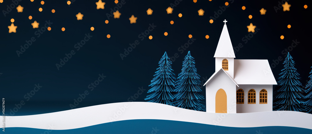 Naklejka premium charming paper s town scene featuring white church, snowy landscape, and starry night sky evokes festive spirit