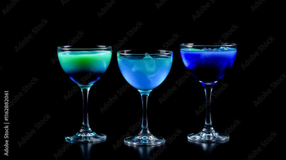 Three blue cocktails, each with a distinct green layer, presented against a dark background, conveying a mystical and spiritual atmosphere Three blue cocktails, each with a distinct green layer, presented against a dark background, conveying a mystical and spiritual atmosphere